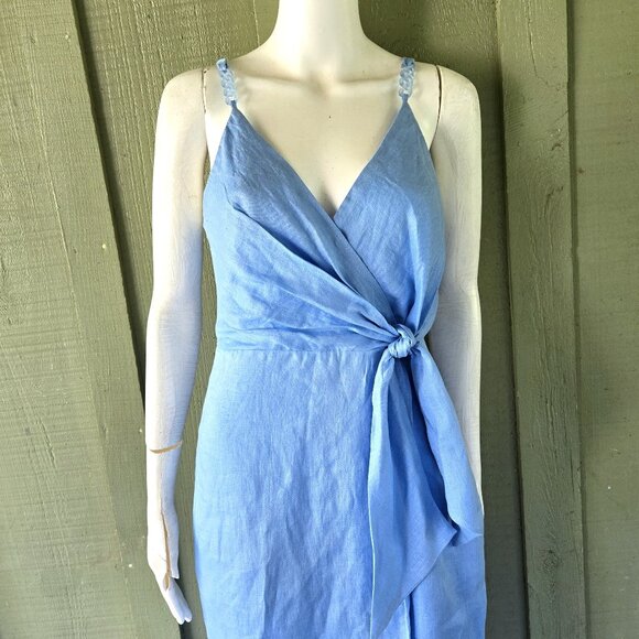 New REISS Esme Blue Linen Side Tie Cross Over Dress US 4 - Picture 5 of 8